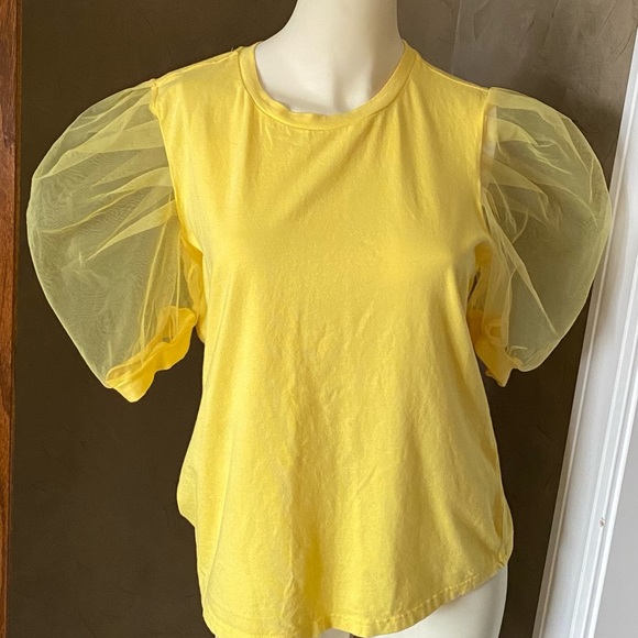 SHEIN Sheer Puff Sleeve Elegant Summer T Shirts Yellow Top, size M - Picture 3 of 14
